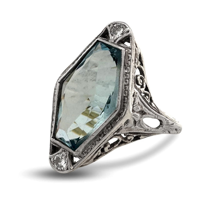 Art Deco Hexagonal Aquamarine with Natural Diamonds Cocktail Ring in 14k Two-Tone Gold
