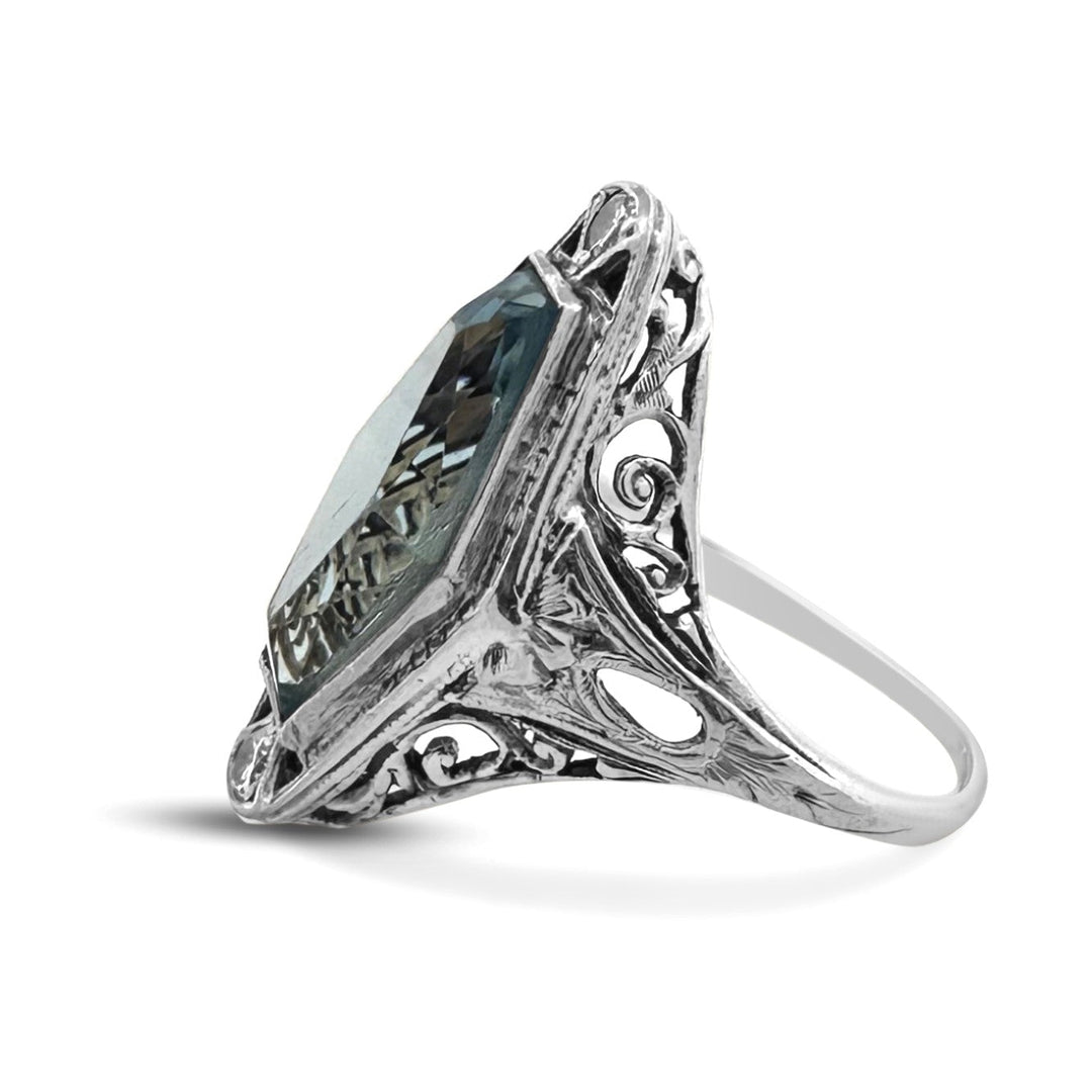 Art Deco Hexagonal Aquamarine with Natural Diamonds Cocktail Ring in 14k Two-Tone Gold