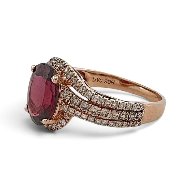 Oval Rhodolite Garnet and Round Brilliant Natural Diamond Cocktail Ring in 10k Rose Gold
