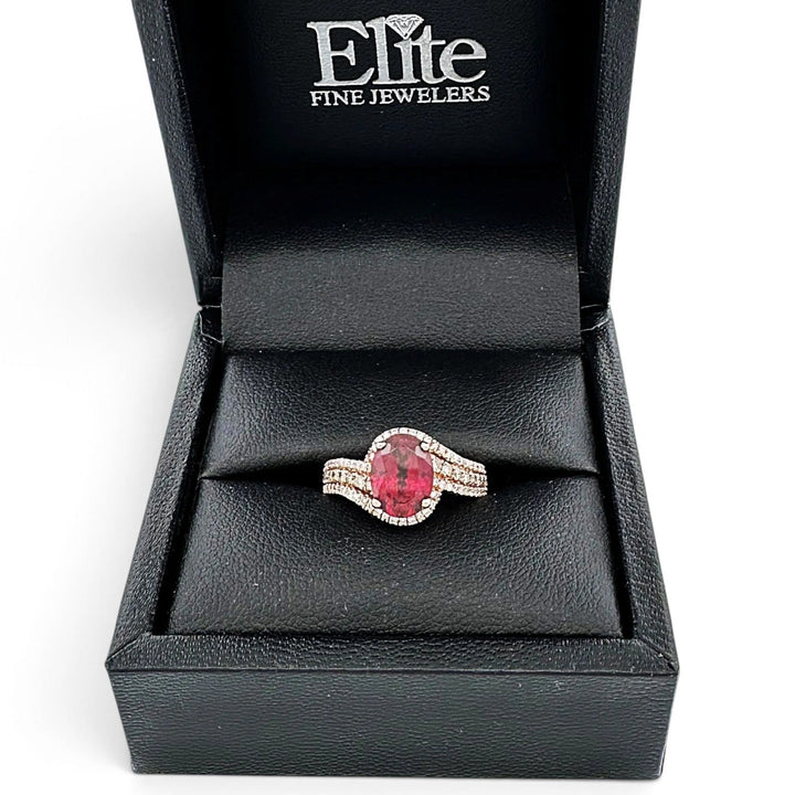 Oval Rhodolite Garnet and Round Brilliant Natural Diamond Cocktail Ring in 10k Rose Gold