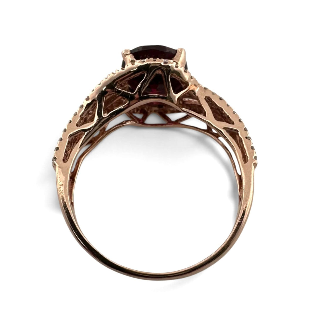 Oval Rhodolite Garnet and Round Brilliant Natural Diamond Cocktail Ring in 10k Rose Gold