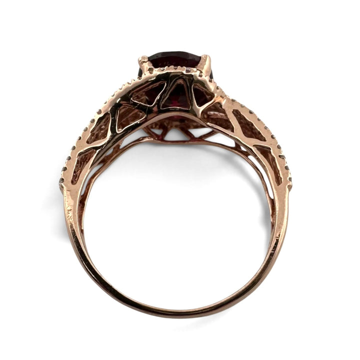 Oval Rhodolite Garnet and Round Brilliant Natural Diamond Cocktail Ring in 10k Rose Gold
