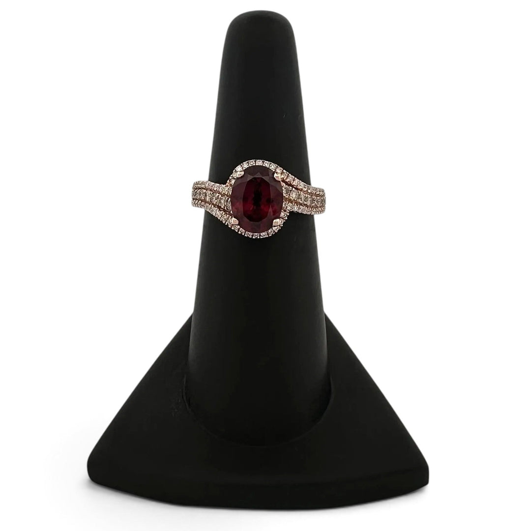 Oval Rhodolite Garnet and Round Brilliant Natural Diamond Cocktail Ring in 10k Rose Gold