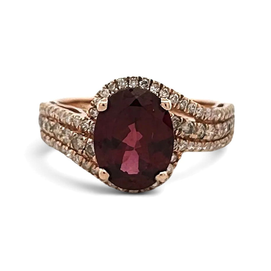 Oval Rhodolite Garnet and Round Brilliant Natural Diamond Cocktail Ring in 10k Rose Gold