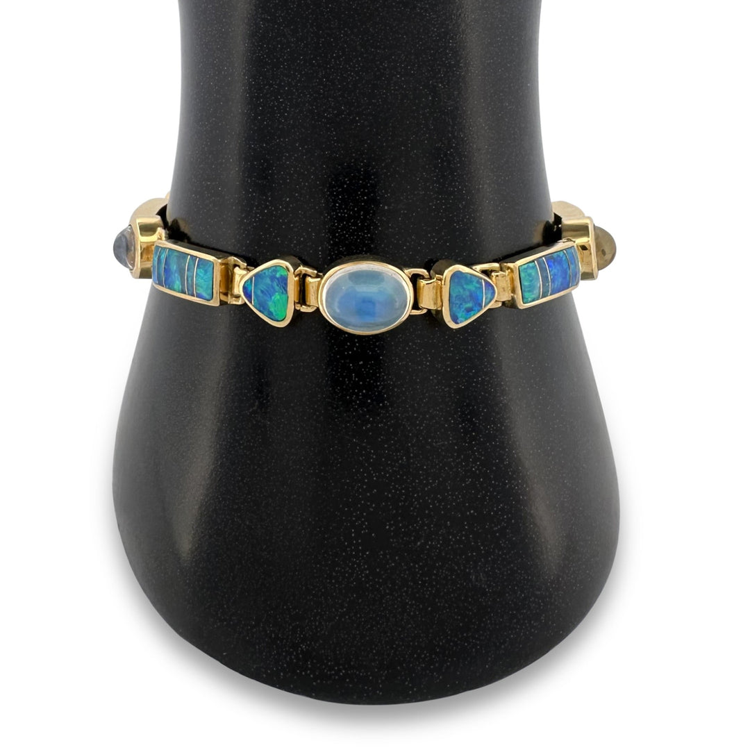 Opal Inlay & Moonstone Cabochon Link Bracelet in 18k Yellow Gold