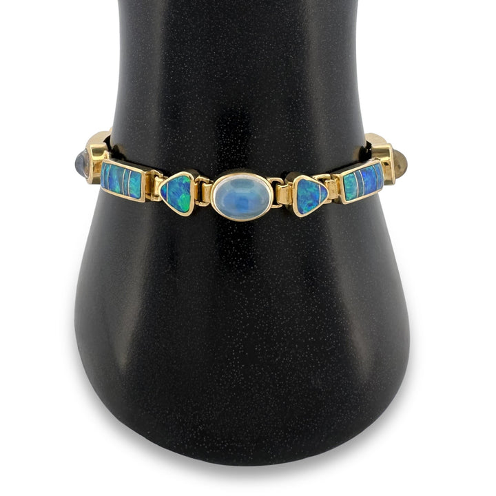 Opal Inlay & Moonstone Cabochon Link Bracelet in 18k Yellow Gold