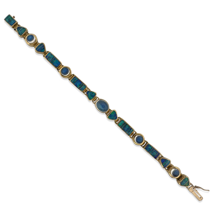 Opal Inlay & Moonstone Cabochon Link Bracelet in 18k Yellow Gold