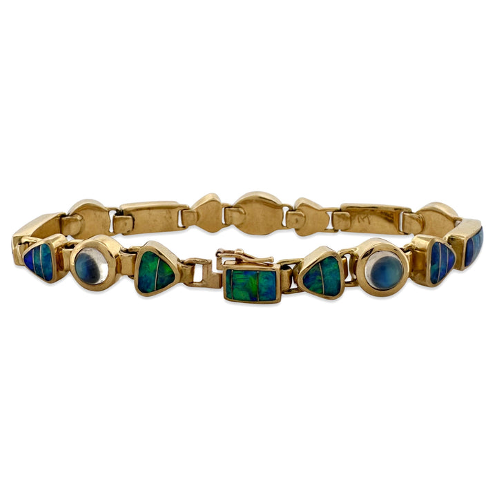 Opal Inlay & Moonstone Cabochon Link Bracelet in 18k Yellow Gold