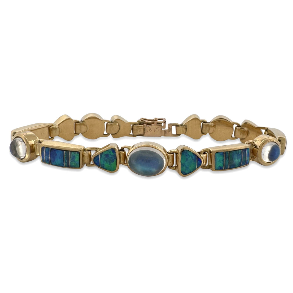 Opal Inlay & Moonstone Cabochon Link Bracelet in 18k Yellow Gold