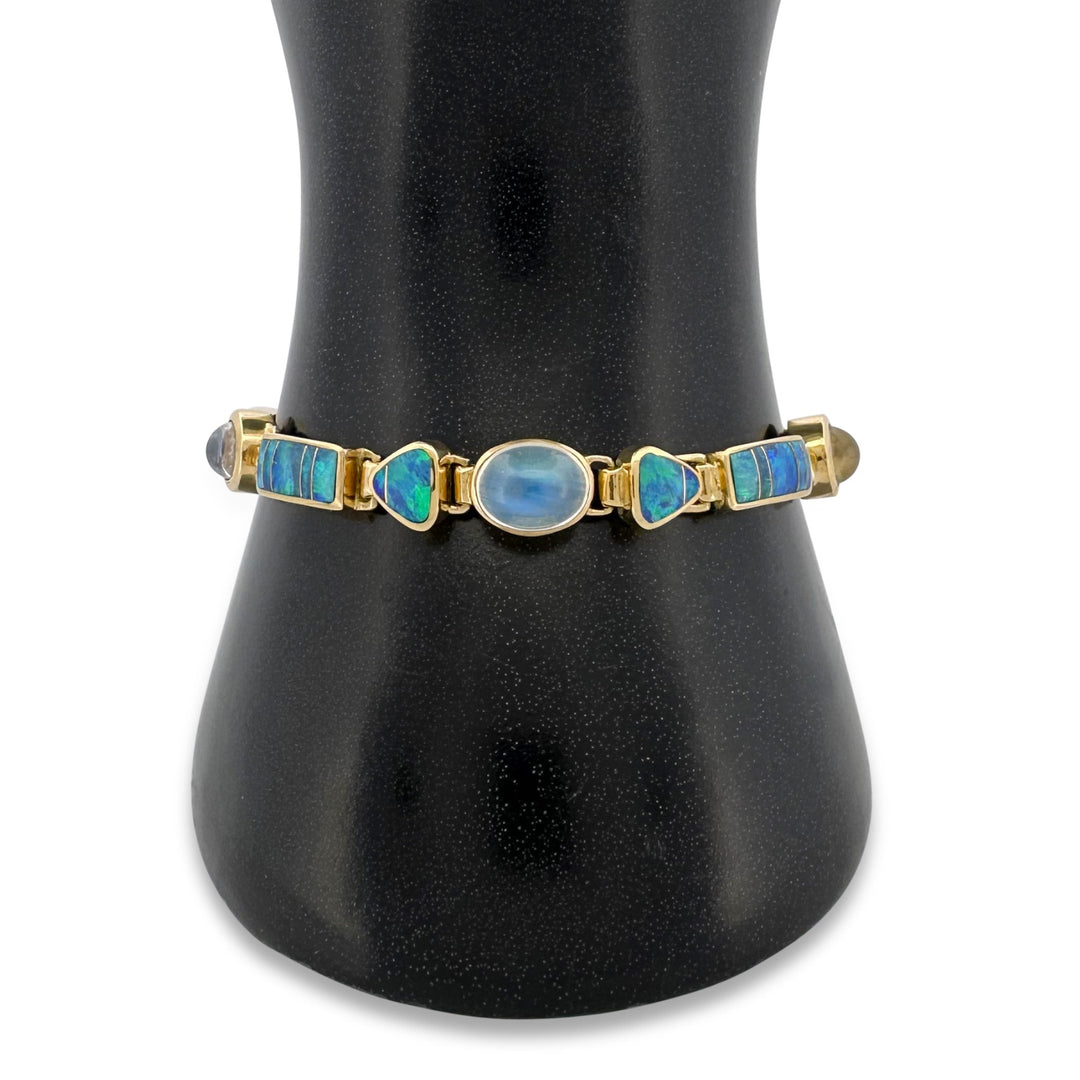 Opal Inlay & Moonstone Cabochon Link Bracelet in 18k Yellow Gold
