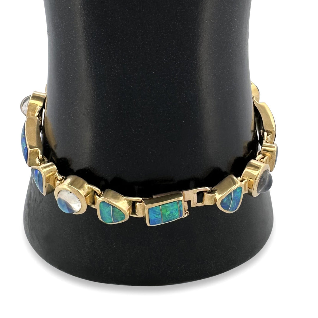 Opal Inlay & Moonstone Cabochon Link Bracelet in 18k Yellow Gold