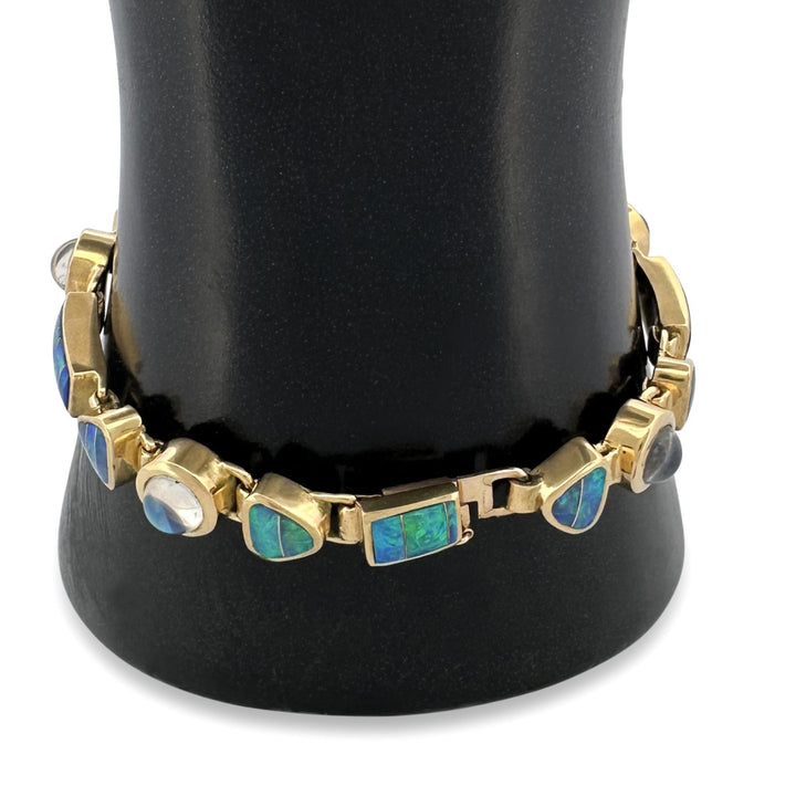 Opal Inlay & Moonstone Cabochon Link Bracelet in 18k Yellow Gold