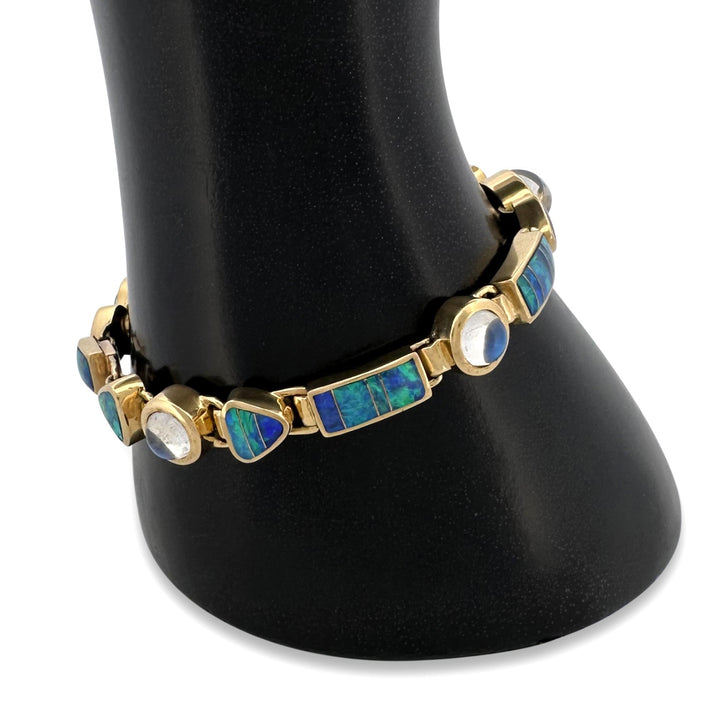 Opal Inlay & Moonstone Cabochon Link Bracelet in 18k Yellow Gold