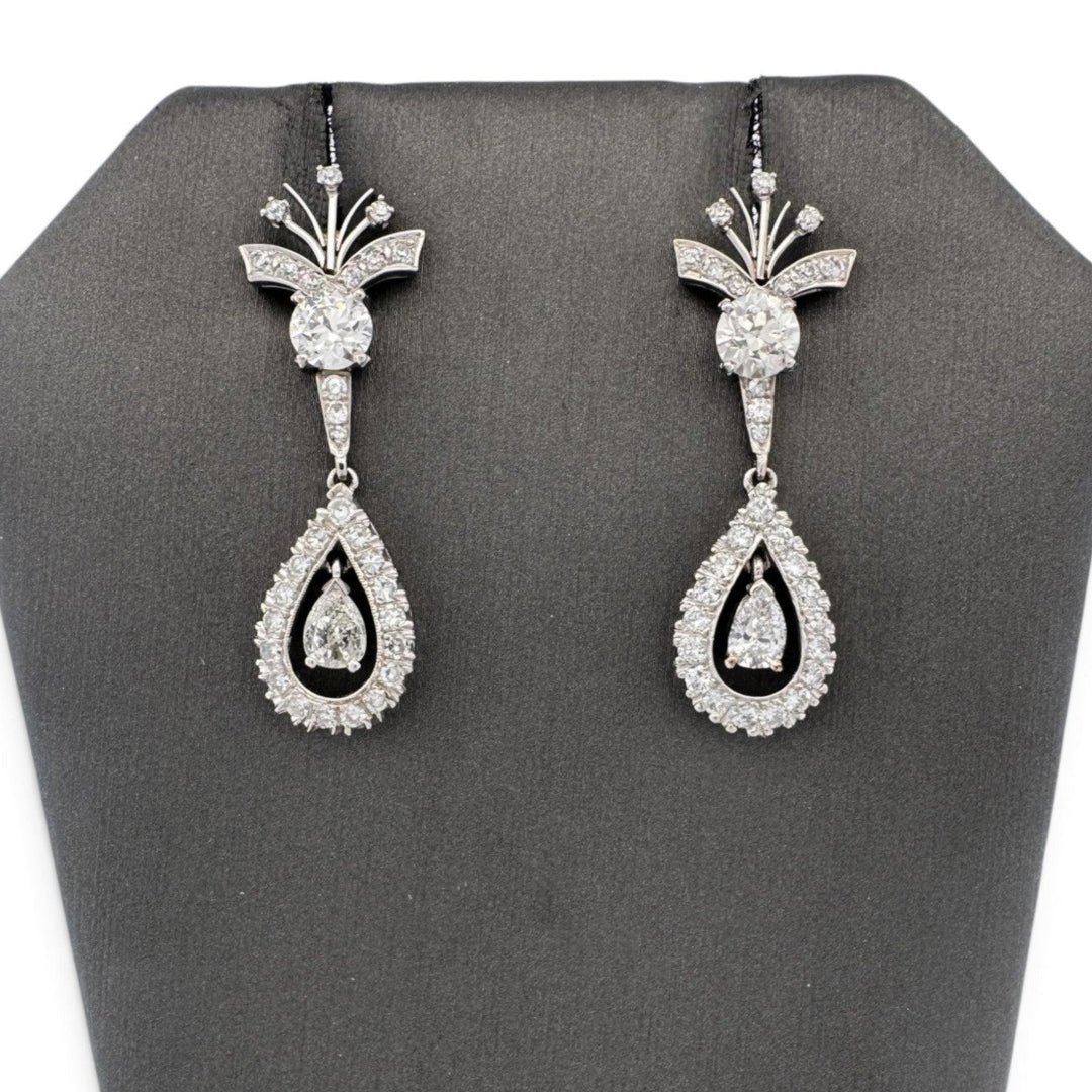 Vintage 2.50ctw Old European, Pear & Single Cut Natural Diamond Spray Dangle Earrings in 18k White Gold