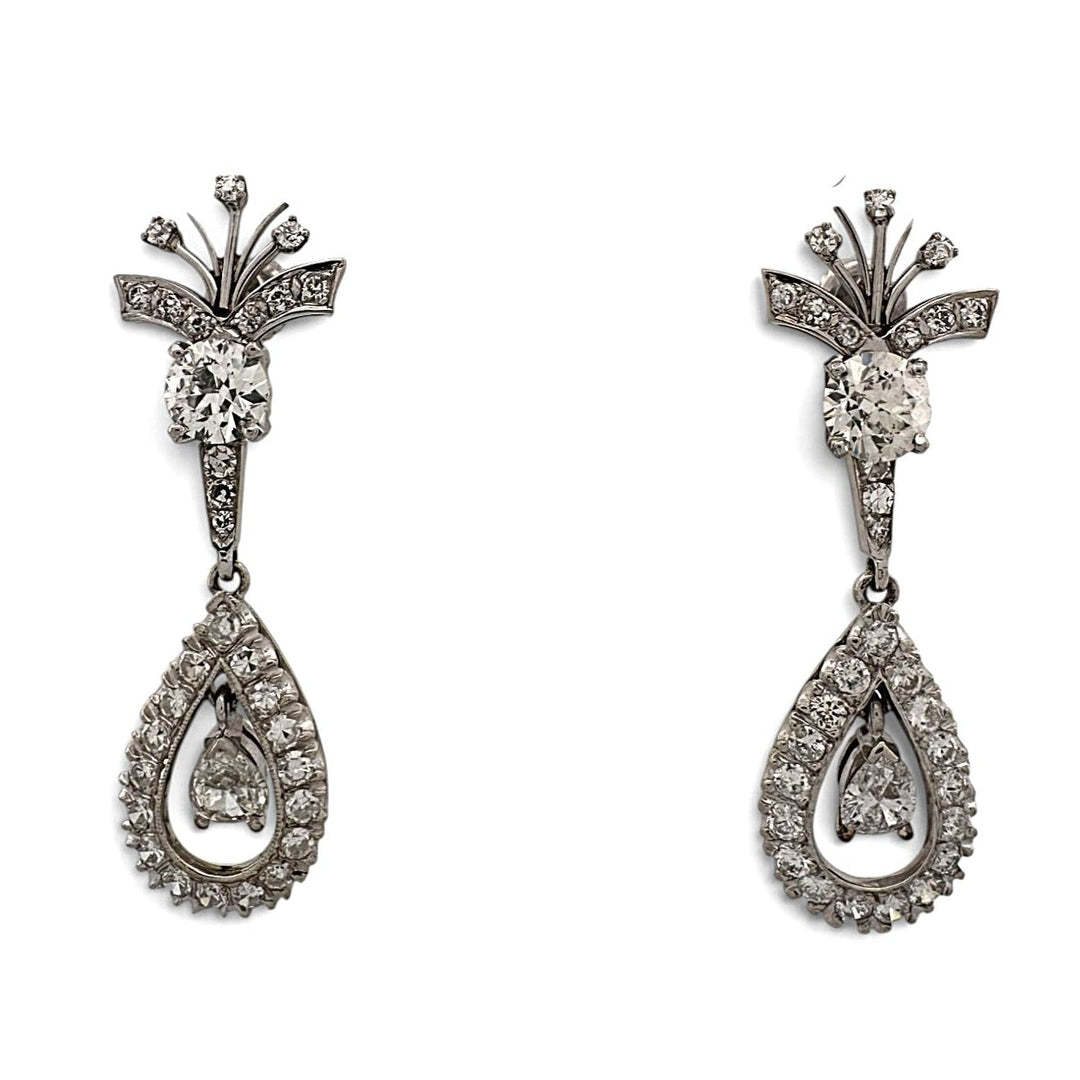 Vintage 2.50ctw Old European, Pear & Single Cut Natural Diamond Spray Dangle Earrings in 18k White Gold