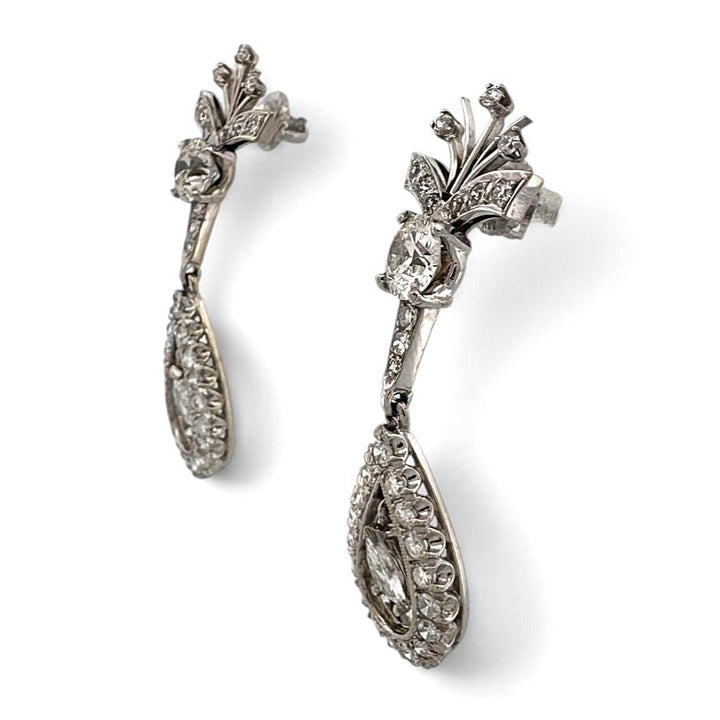 Vintage 2.50ctw Old European, Pear & Single Cut Natural Diamond Spray Dangle Earrings in 18k White Gold