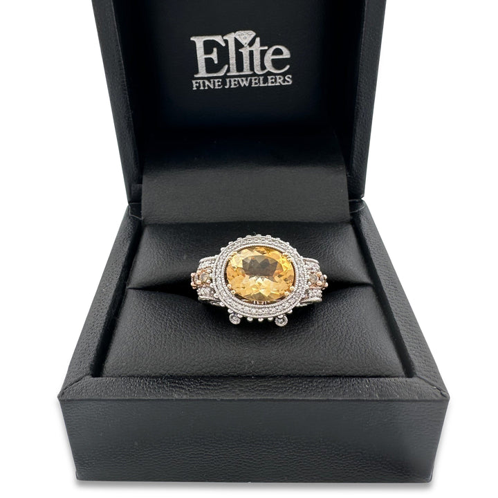 Oval East-West Citrine and Natural Round Brilliant Diamond Dangle Cocktail Ring in 14k Two-Tone Gold by Le Vian