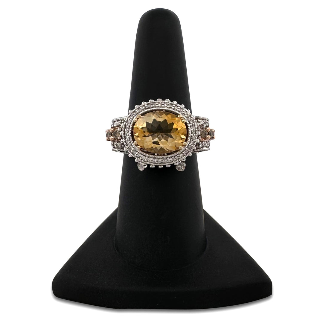 Oval East-West Citrine and Natural Round Brilliant Diamond Dangle Cocktail Ring in 14k Two-Tone Gold by Le Vian