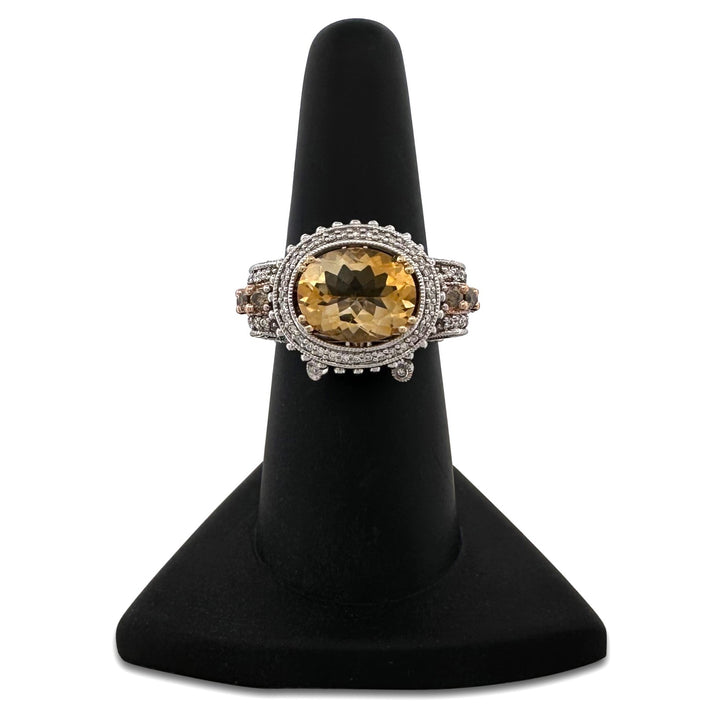 Oval East-West Citrine and Natural Round Brilliant Diamond Dangle Cocktail Ring in 14k Two-Tone Gold by Le Vian
