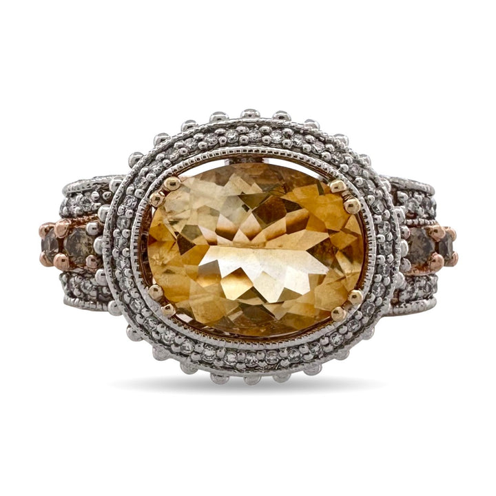 Oval East-West Citrine and Natural Round Brilliant Diamond Dangle Cocktail Ring in 14k Two-Tone Gold by Le Vian