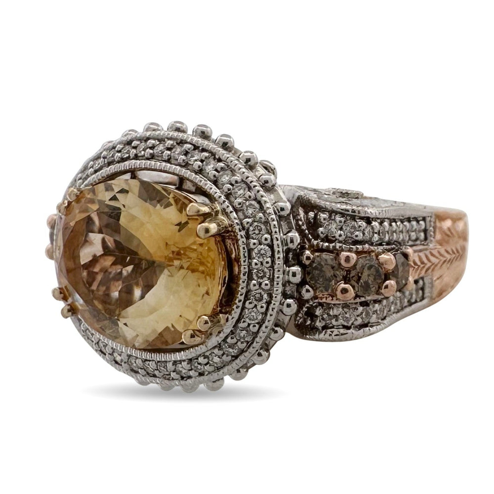 Oval East-West Citrine and Natural Round Brilliant Diamond Dangle Cocktail Ring in 14k Two-Tone Gold by Le Vian