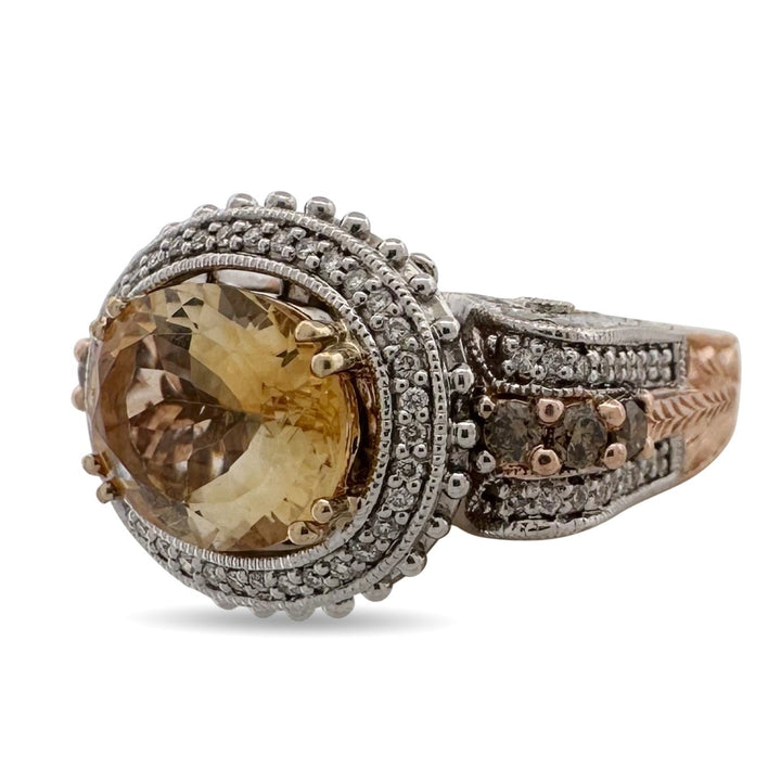 Oval East-West Citrine and Natural Round Brilliant Diamond Dangle Cocktail Ring in 14k Two-Tone Gold by Le Vian