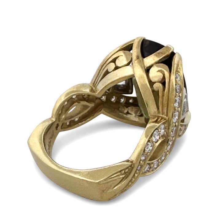 Cushion Cut Andalusite & Natural Diamond Cocktail Ring in 18k Yellow & White Gold