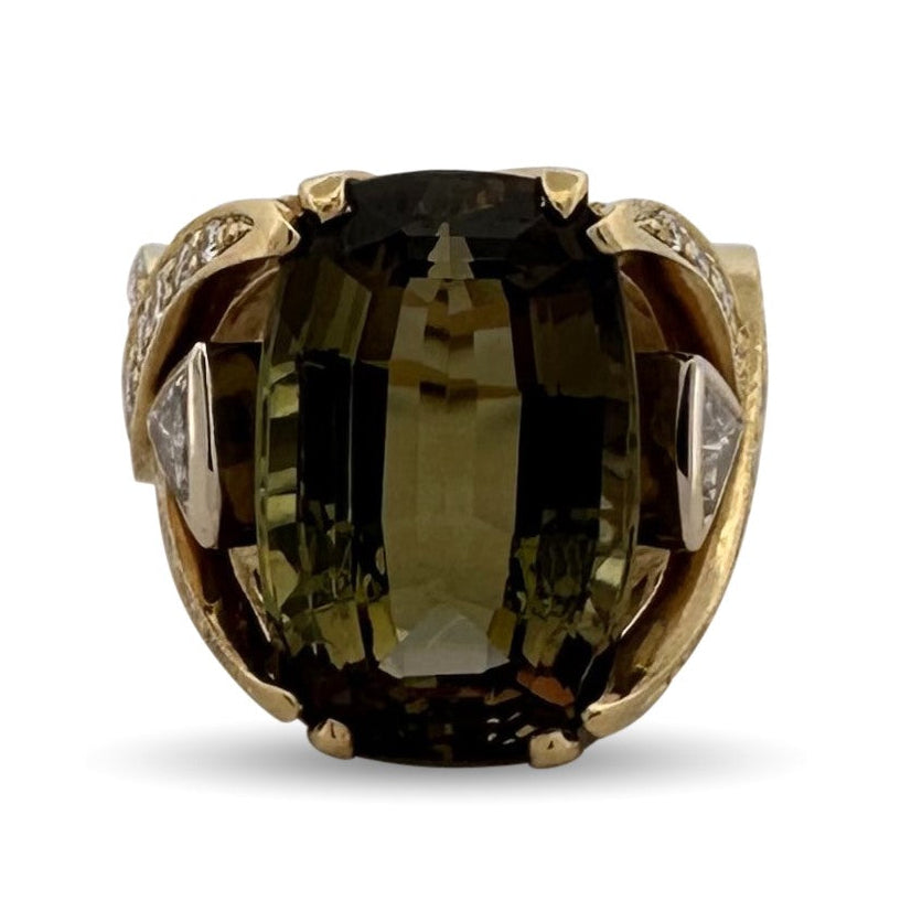 Cushion Cut Andalusite & Natural Diamond Cocktail Ring in 18k Yellow & White Gold