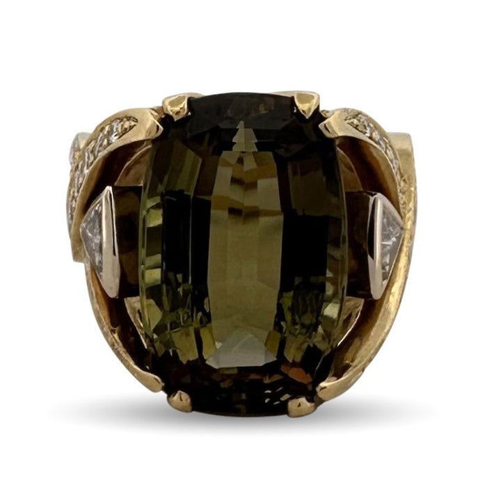Cushion Cut Andalusite & Natural Diamond Cocktail Ring in 18k Yellow & White Gold