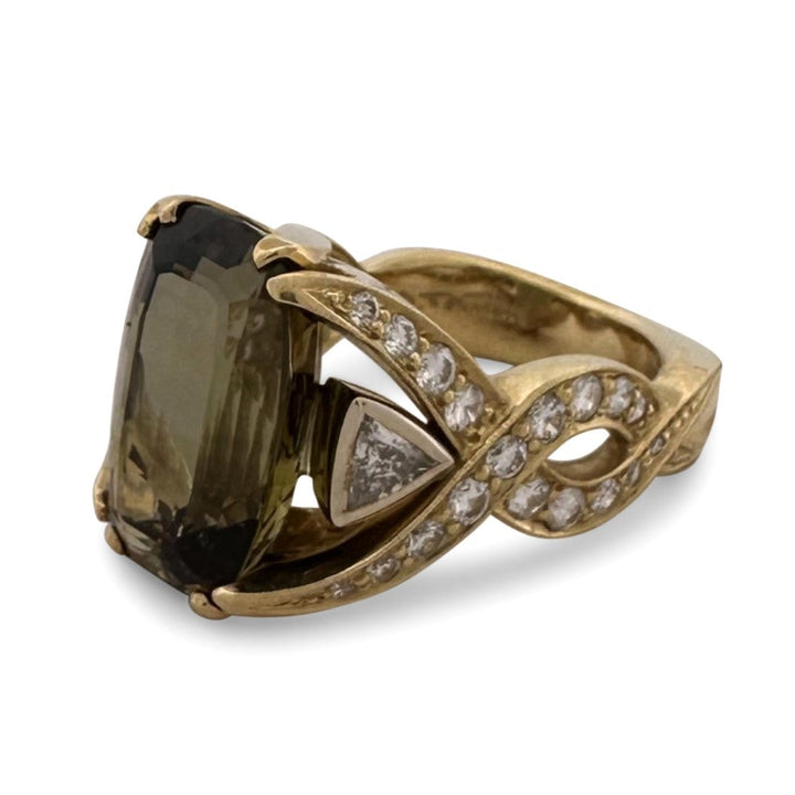 Cushion Cut Andalusite & Natural Diamond Cocktail Ring in 18k Yellow & White Gold