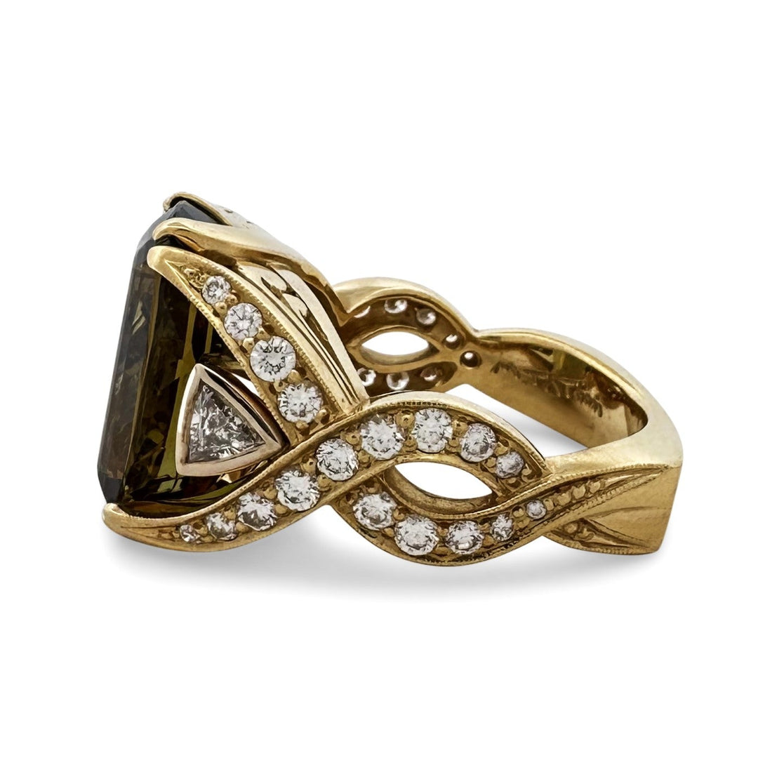 Cushion Cut Andalusite & Natural Diamond Cocktail Ring in 18k Yellow & White Gold
