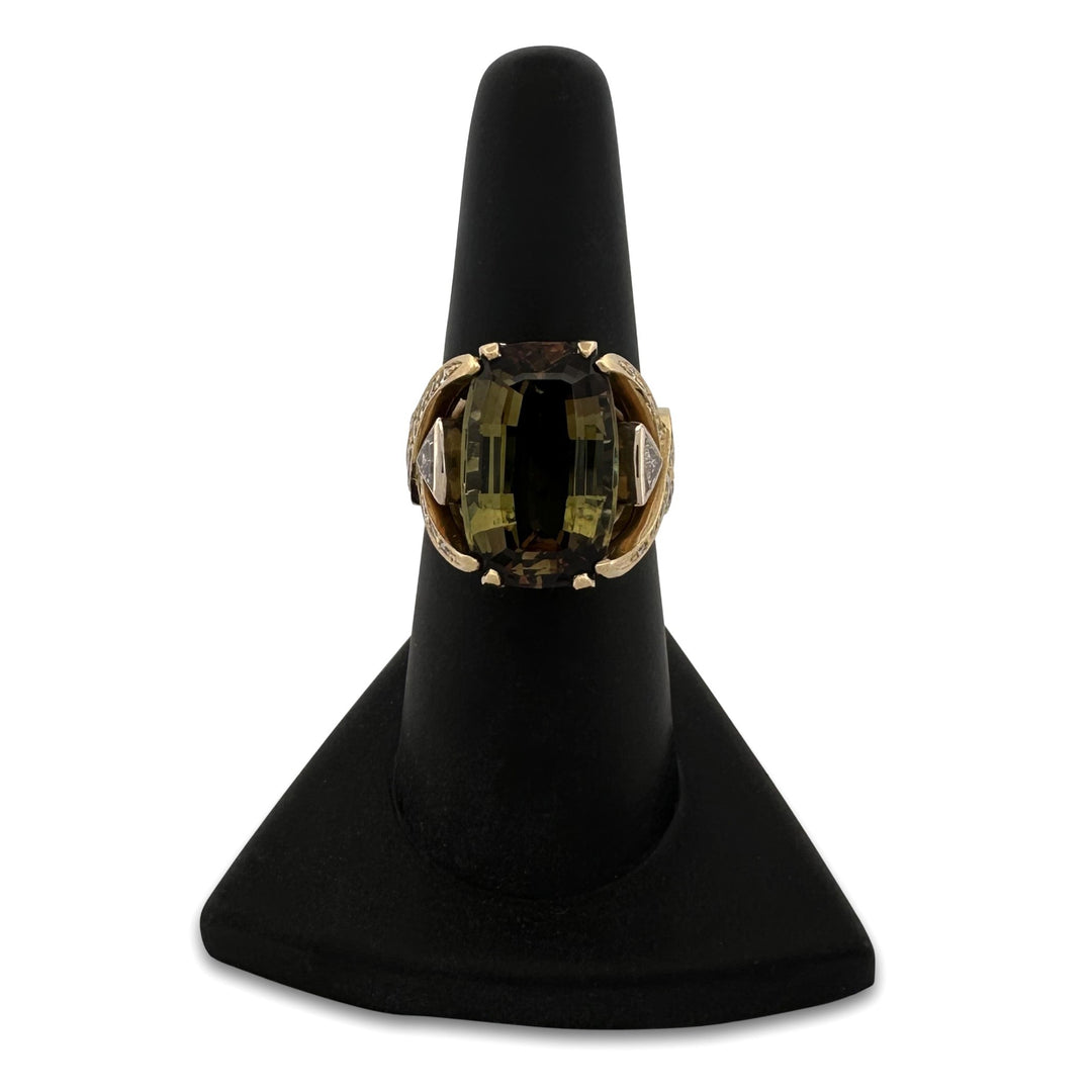 Cushion Cut Andalusite & Natural Diamond Cocktail Ring in 18k Yellow & White Gold
