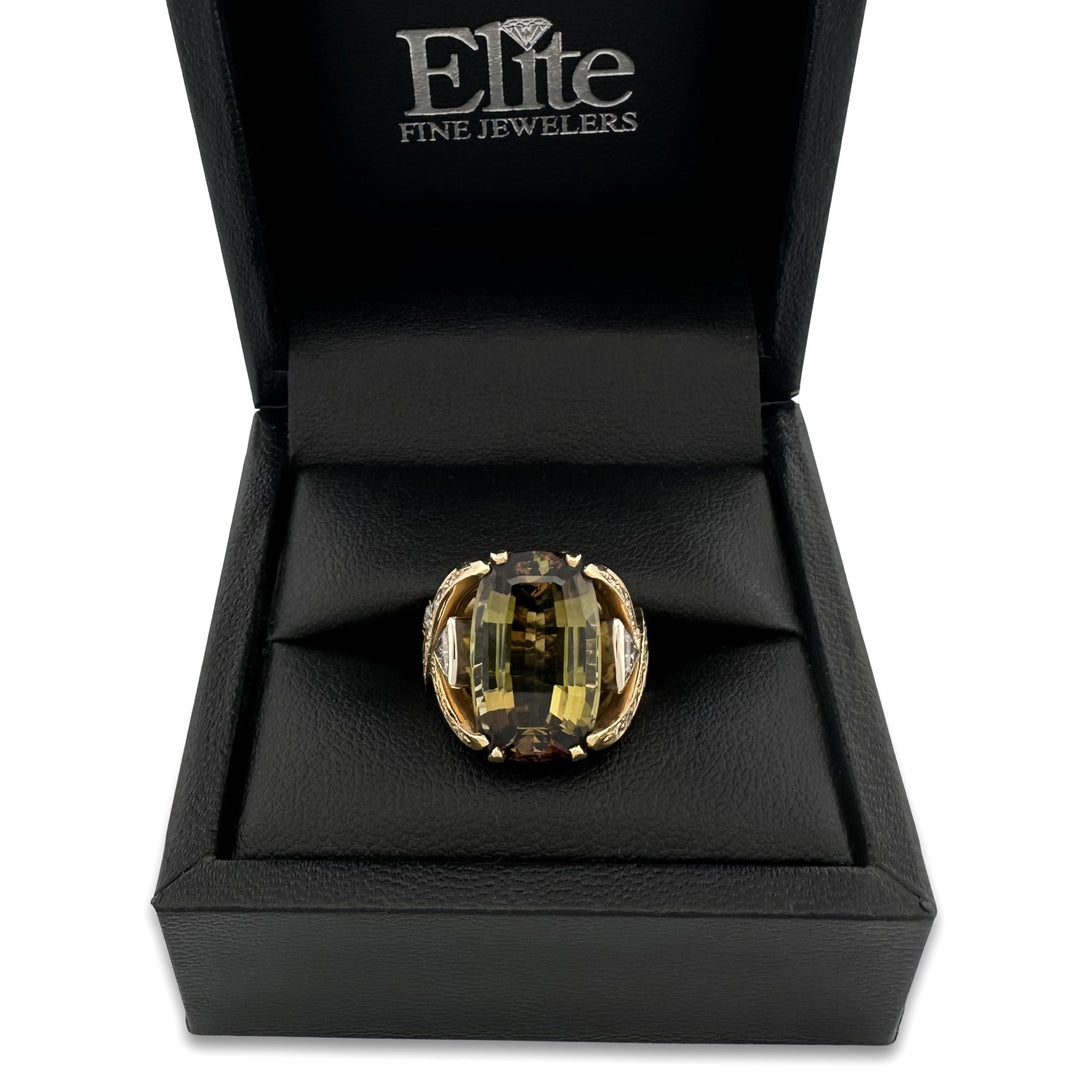 Cushion Cut Andalusite & Natural Diamond Cocktail Ring in 18k Yellow & White Gold