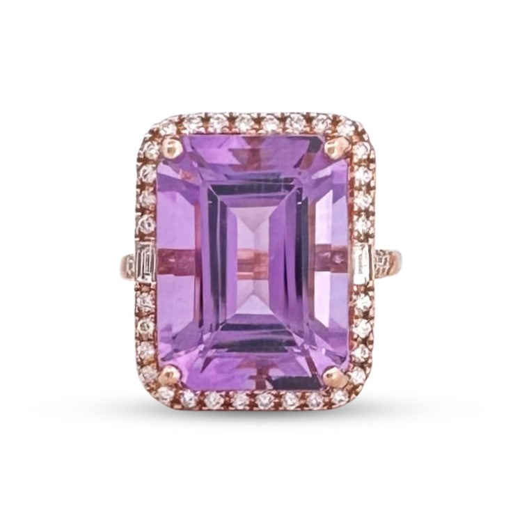 Emerald Cut Amethyst with Natural Diamond Halo Cocktail Ring in 14k Rose Gold by Effy