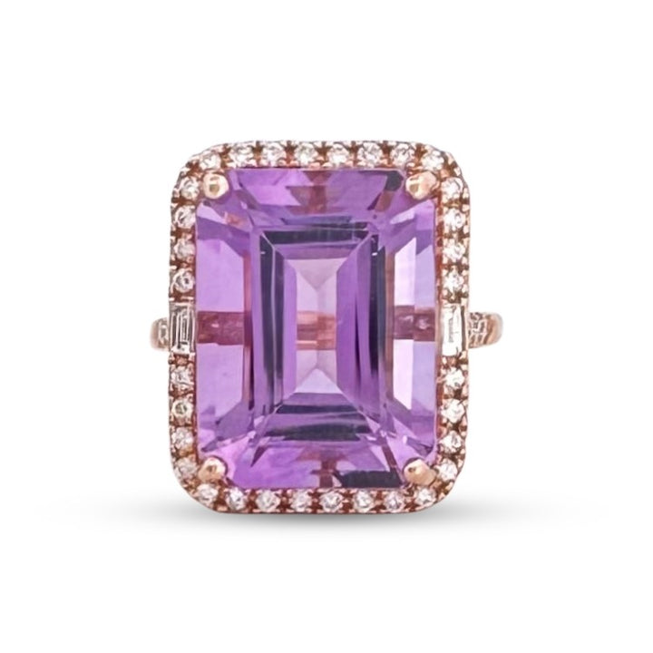 Emerald Cut Amethyst with Natural Diamond Halo Cocktail Ring in 14k Rose Gold by Effy