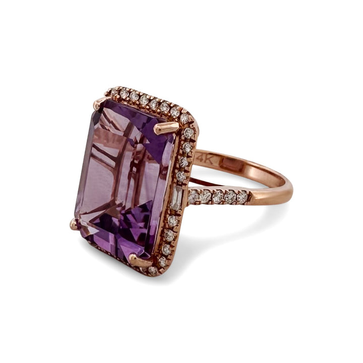Emerald Cut Amethyst with Natural Diamond Halo Cocktail Ring in 14k Rose Gold by Effy
