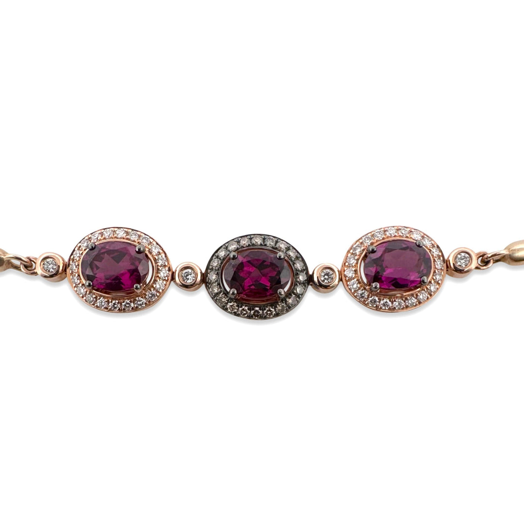 Raspberry Rhodolite Garnets with Chocolate & Nude Diamond Halos Bolo Bracelet in 14k Rose Gold by Le Vian