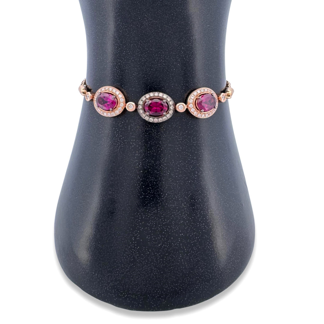 Raspberry Rhodolite Garnets with Chocolate & Nude Diamond Halos Bolo Bracelet in 14k Rose Gold by Le Vian