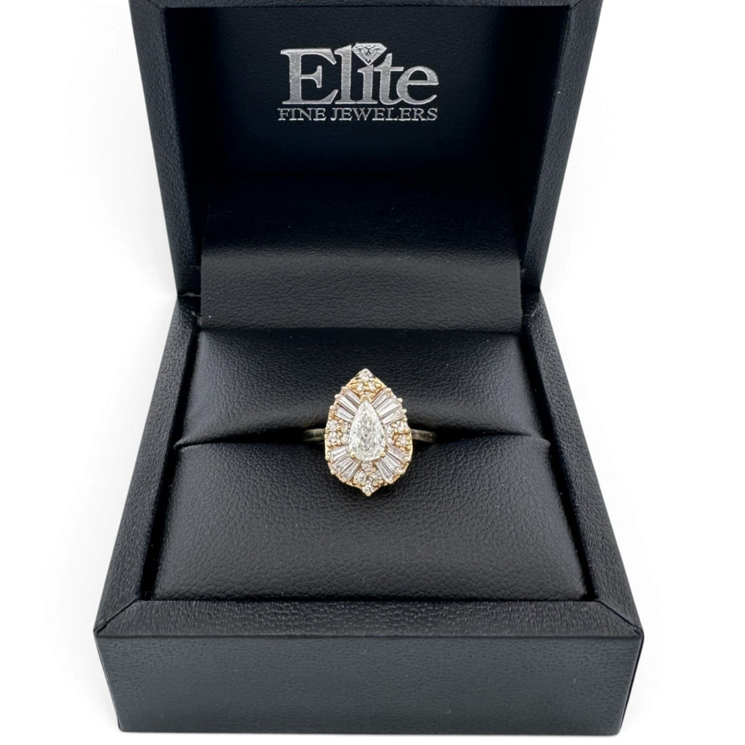 0.78ctw Pear with Baguette & Round Natural Diamond Engagement Ring in 18k Yellow Gold