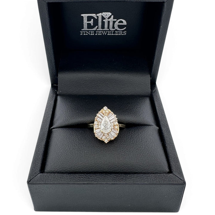 0.78ctw Pear with Baguette & Round Natural Diamond Engagement Ring in 18k Yellow Gold