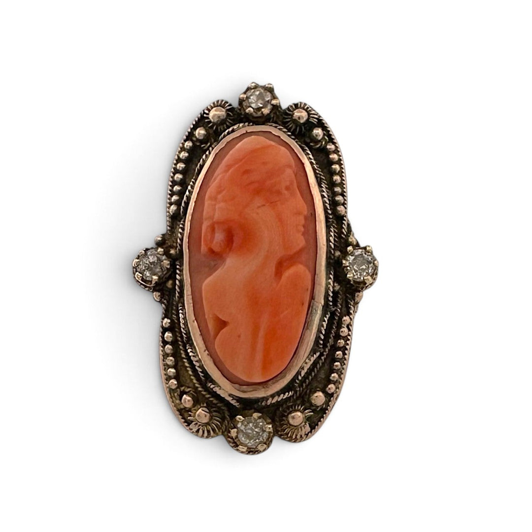 Vintage Carved Coral Cameo and Old Mine Cut Diamond Ring in 14k Yellow Gold