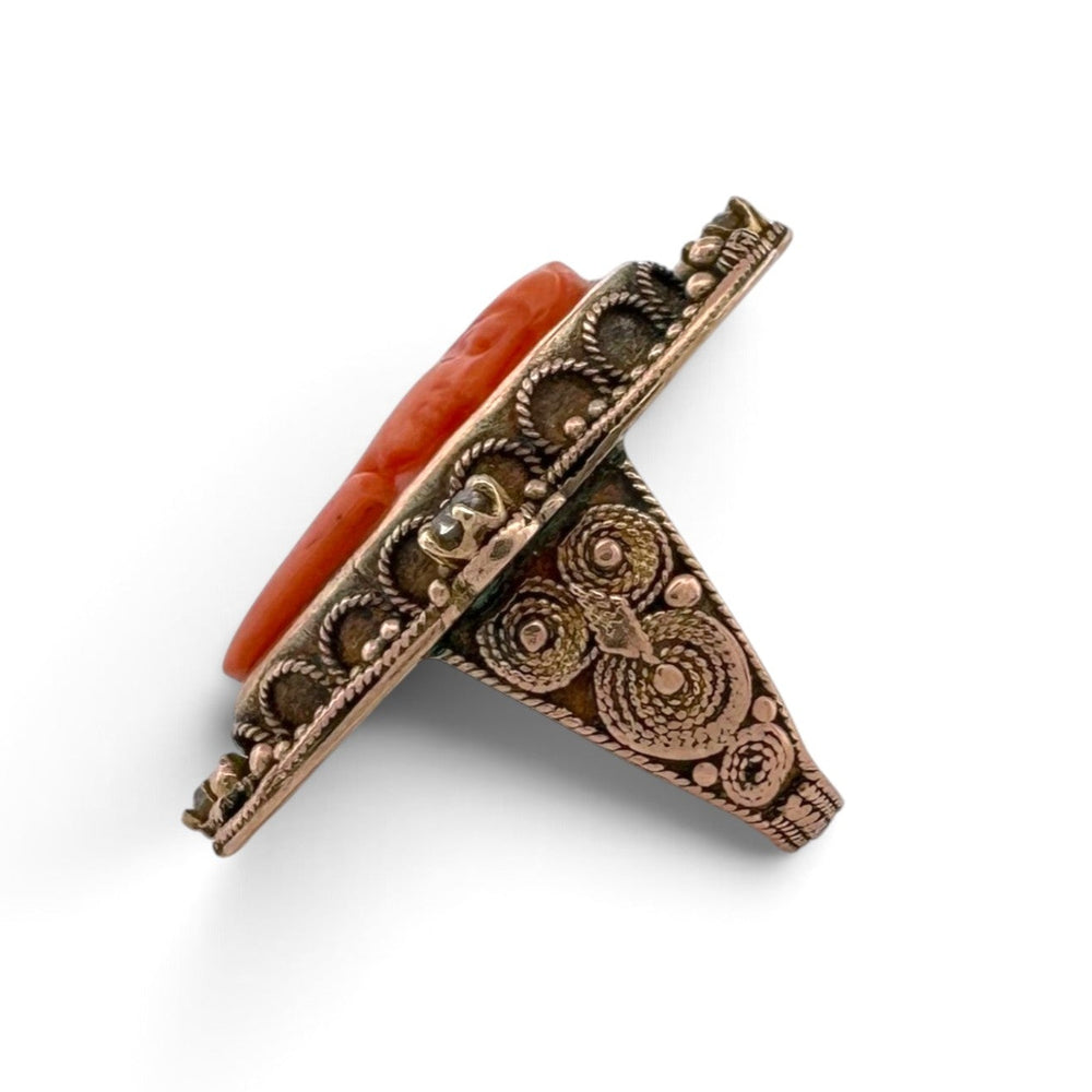 Vintage Carved Coral Cameo and Old Mine Cut Diamond Ring in 14k Yellow Gold