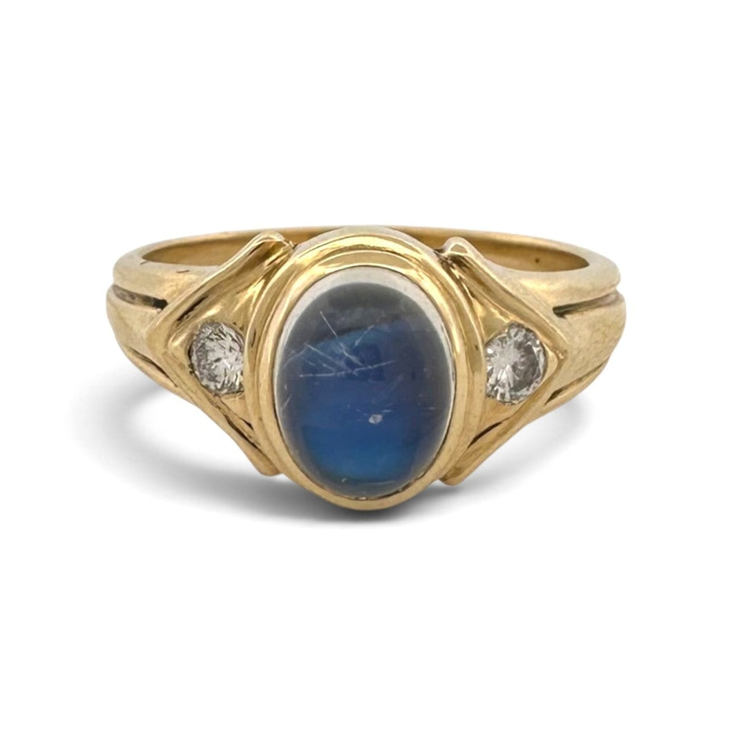 Oval Moonstone Cabochon with Round Brilliant Natural Diamond Cocktail Ring in 14k Yellow Gold
