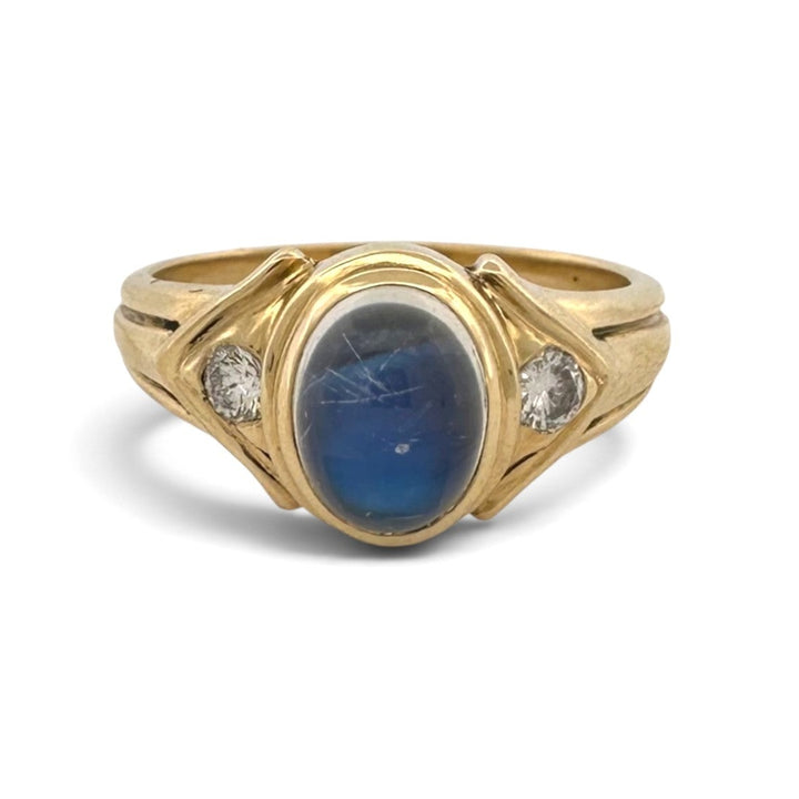 Oval Moonstone Cabochon with Round Brilliant Natural Diamond Cocktail Ring in 14k Yellow Gold
