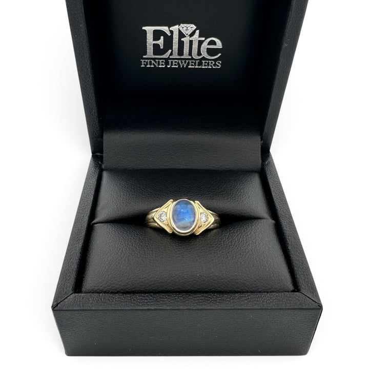 Oval Moonstone Cabochon with Round Brilliant Natural Diamond Cocktail Ring in 14k Yellow Gold