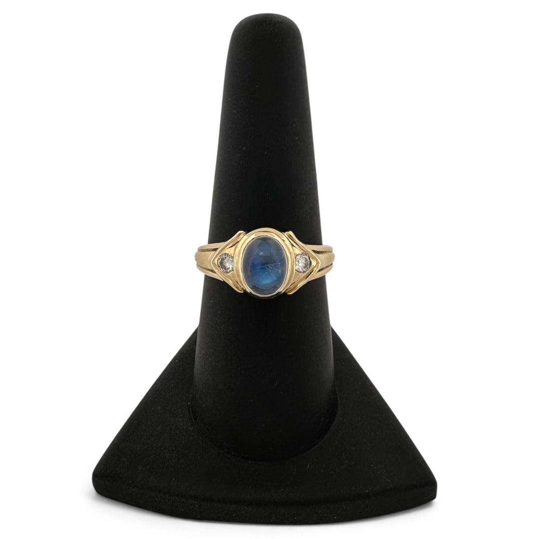 Oval Moonstone Cabochon with Round Brilliant Natural Diamond Cocktail Ring in 14k Yellow Gold