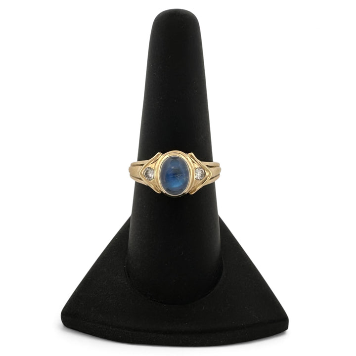 Oval Moonstone Cabochon with Round Brilliant Natural Diamond Cocktail Ring in 14k Yellow Gold