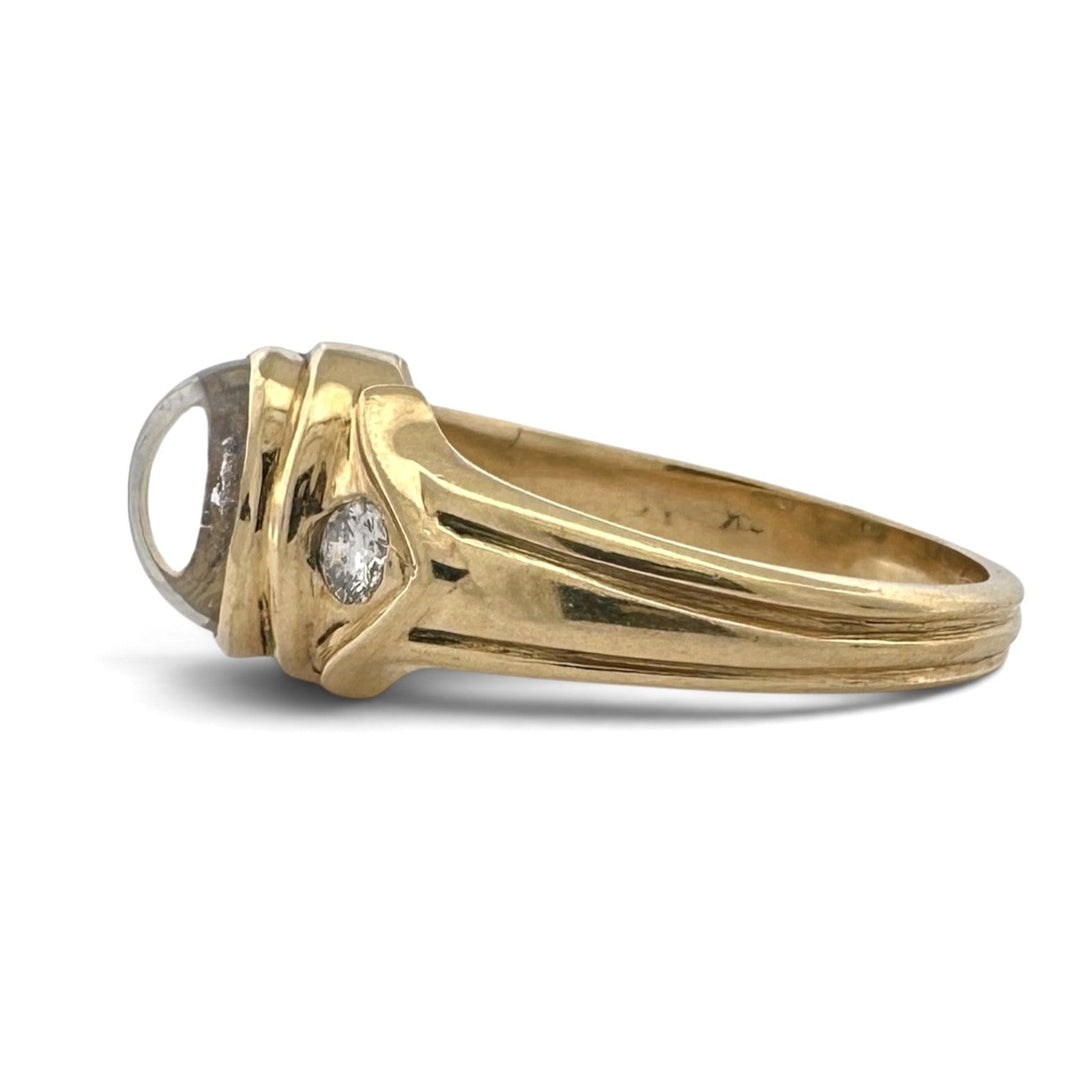 Oval Moonstone Cabochon with Round Brilliant Natural Diamond Cocktail Ring in 14k Yellow Gold