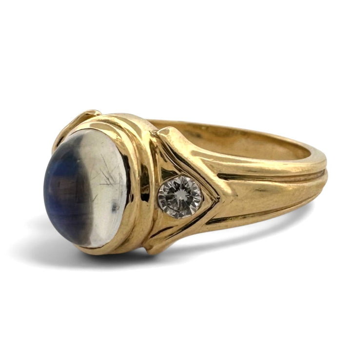 Oval Moonstone Cabochon with Round Brilliant Natural Diamond Cocktail Ring in 14k Yellow Gold