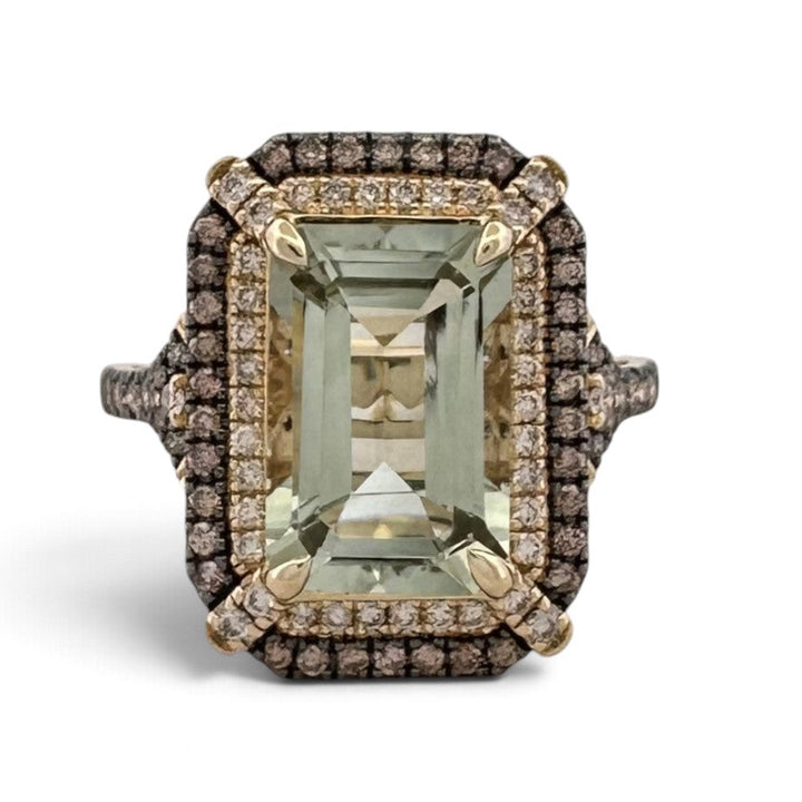 Mint Julip Emerald Cut Quartz with Chocolate and Nude Diamond Halo Cocktail Ring in 14k Yellow Gold by Le Vian